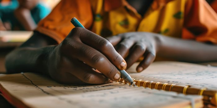 Close up of smart diverse children hand writing classwork at classroom. Attractive elementary student taking a note or doing homework while camera focus on learner holding pencil. Creative. AIG42.