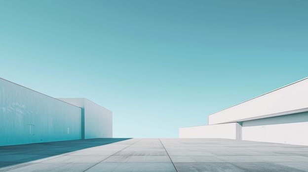Photo of minimalistic geometric architectural building structure with white color and blue sky. Image of modern house with white color in square design with blue clear sky. Modern home concept. AIG42.