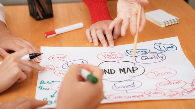 Close up of skilled business people hand brainstorming, working together, discussing about marketing idea by using mind map and colorful marker at meeting table. Focus on hand. Immaculate.