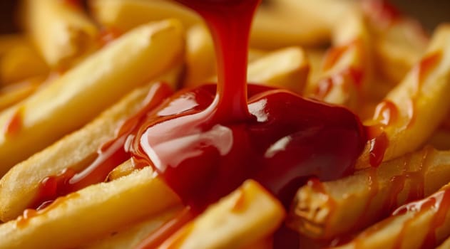 Closeup shot of tomato ketchup being poured onto french fries.
