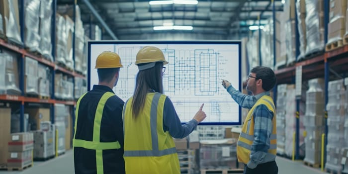 Group of professional warehouse worker working together while planning and looking at monitor. Smart engineer team talking about shipping plan while checking at storage. Industrial concept. AIG42.