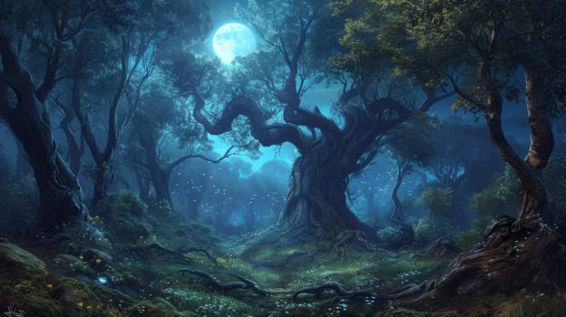 A captivating digital artwork of an enchanted forest bathed in moonlight, with magical glows and sparkling light among ancient trees. Resplendent.