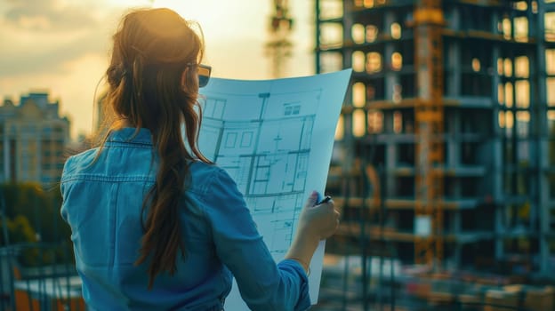 A woman is examining a blueprint outside an Azure tower block under construction. She seems to be planning a fun event at the condominium with a leisurely vibe and stylish facade AIG50