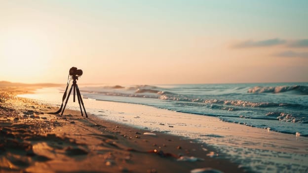 A camera is perched on a tripod, capturing the fluidity of water meeting the sky at the beach. Clouds dance across the horizon, creating a stunning landscape against the backdrop of this serene event AIG50