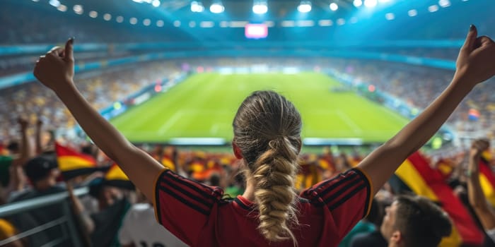 A fan at a world competition event raises his arms in the air, enjoying the fun and energy of the crowded stadium. AIG41