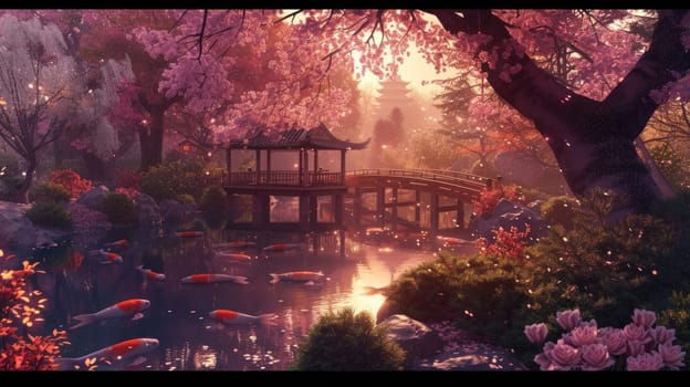 A serene Zen garden at sunrise, with a gently flowing stream, cherry blossoms in full bloom, and a quaint wooden bridge. Resplendent.
