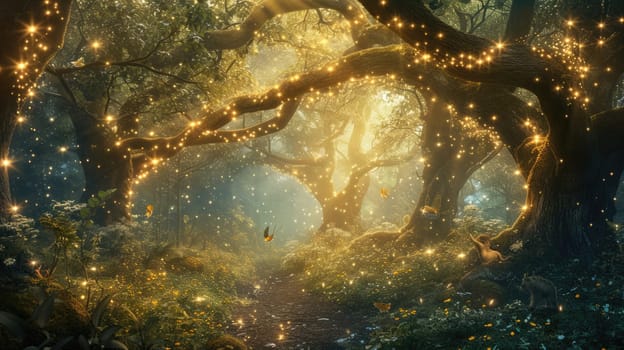 An enchanted forest with magical creatures, glowing plants, ancient trees, a hidden fairy village, mystical ambiance. Resplendent.