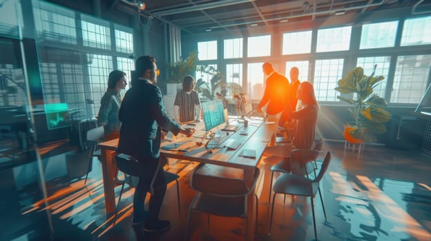 Group of business people working together while designing product.Professional marketing team working together to brainstorm marketing idea and thinking about financial strategy at office. AIG42.