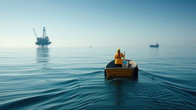 A person is on a watercraft near an offshore oil rig, surrounded by water and sky, while the wind blows and clouds float above. AIG41