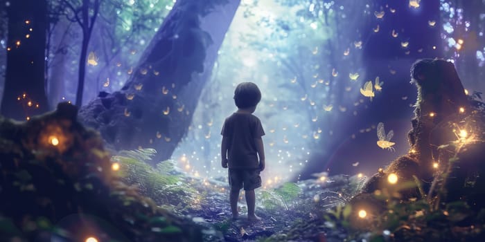 Happy children walking at fantasy forest with glowing flower with magical moment surrounded with fantasy animal. Attractive girl walking at enchanted wild garden landscape. Abstract background. AIG42.