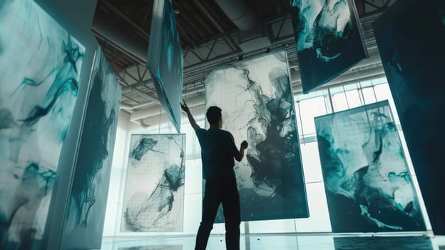 Happy smart creative artist painting and designing canvas while canvas flowing around. Skilled graphic designer working and drawing a colorful digital art surrounded with abstract environment. AIG42.