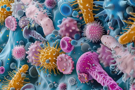 Many germs and bacteria of different shapes and colors. Microbiology. Pathogenic microbes.