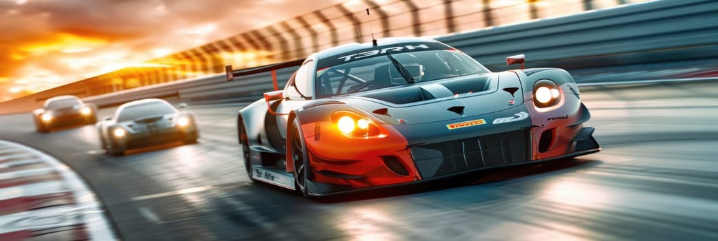 GT3 Super car racing on the circuit track while driving at high speed and accelerating at full power AIG44