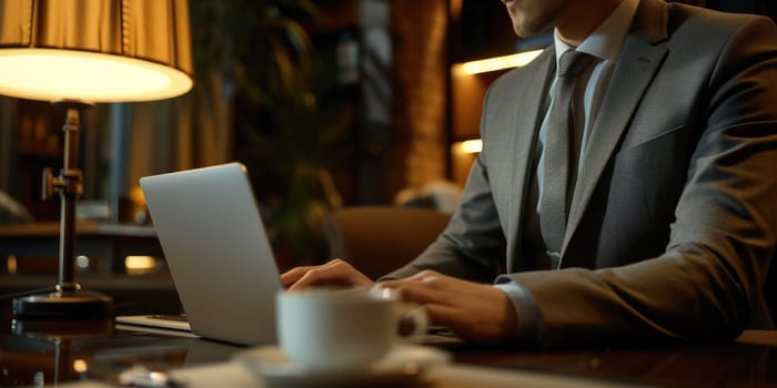 Close up of smart business man hands working on laptop at modern office. Skilled project manager using computer to plan marketing strategy or looking at financial statistic while wearing suit. AIG42.