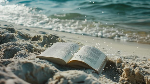 An art book floats through the windy sky above the sandy beach, blending with the clouds and water, creating a beautiful natural landscape AIG50