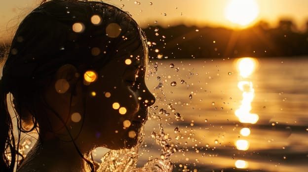 A young girl is happily swimming in the liquid landscape of the ocean at sunset, enjoying the fluid motions and reflections on the waters surface AIG50
