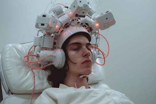 Patient on a couch with medical instruments for studying the brain on his head. Brain scanner. The concept of high technology in medicine and biology.