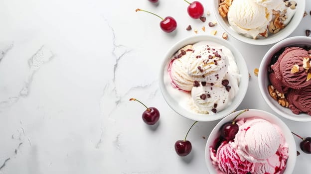 There is a variety of ice cream flavors in the bowls, featuring different ingredients and produce. This dessert is a favorite food item in many cuisines AIG50