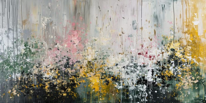 The abstract picture of the gold, green and yellow colour that has been painted or splashed on the white blank background wallpaper to form random shape that cannot be describe yet beautiful. AIGX01.