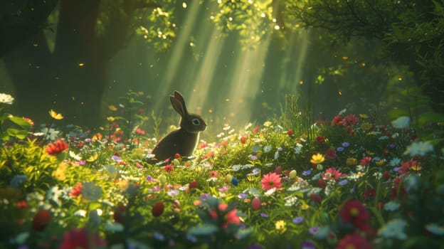Big brown rabbit looking at colorful easter egg in imagination forest with warm golden sun ray shine under the tree . Cute bunny hiding in fantasy forest with colorful flower on green grass. AIG42.