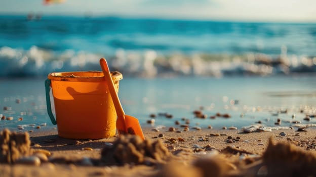 An orange bucket and shovel are resting on the sandy beach, surrounded by azure water and a clear sky in a coastal ecoregion. A perfect spot for leisure and travel in this natural coastal landscape AIG50