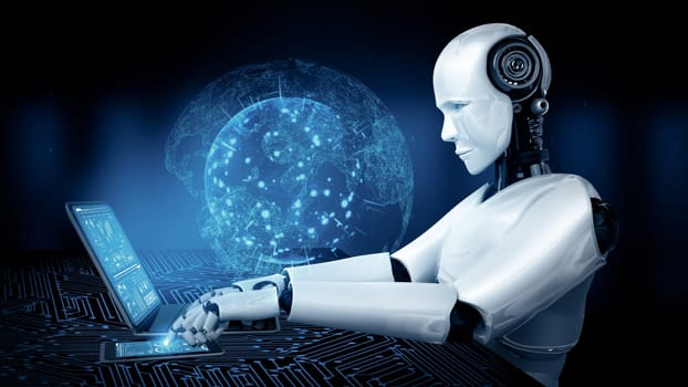 MLP 3d illustration Robot hominoid use laptop and sit at table for global network connection using AI thinking brain , artificial intelligence and machine learning process for 4th industrial revolution. 3D rendering.