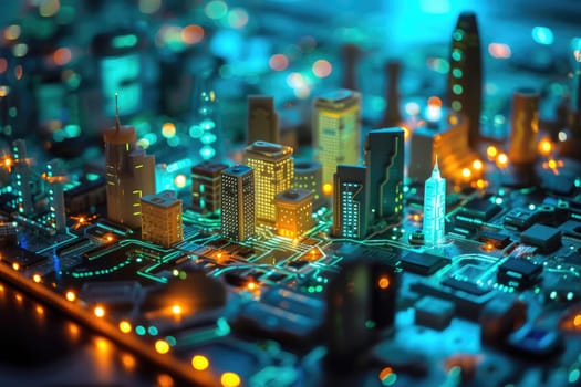 A conceptual visualization of a smart city with glowing structures on a digital circuit board, symbolizing urban technology integration concept. AIG41