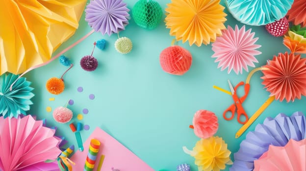 There is an array of craft supplies on the table including green textiles, plant motifs, aqua paint, magenta patterns, and creative art materials AIG50