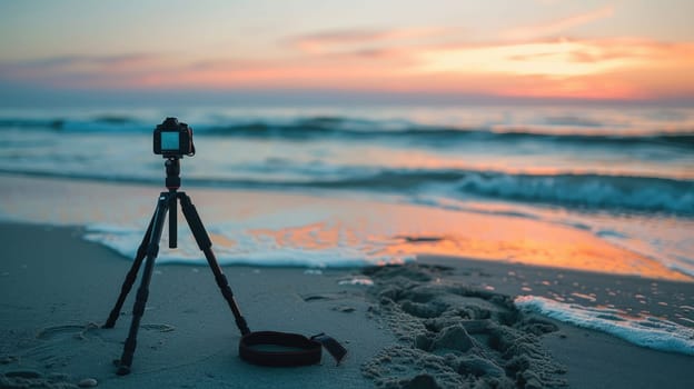 A camera is perched on a tripod, capturing the fluidity of water meeting the sky at the beach. Clouds dance across the horizon, creating a stunning landscape against the backdrop of this serene event AIG50