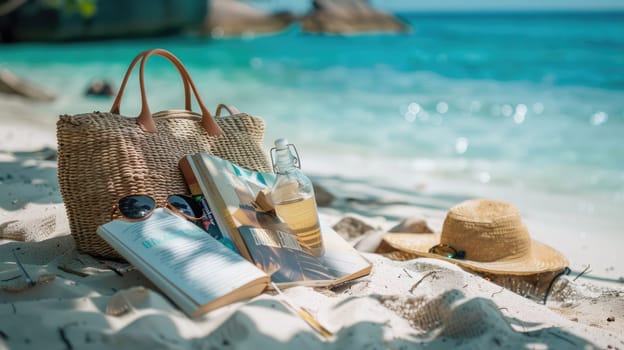 On the sandy beach rests a hat, sunglasses, a book, and a water bottle. The liquid inside glistens under the sun, creating a scene of leisure and relaxation AIG50