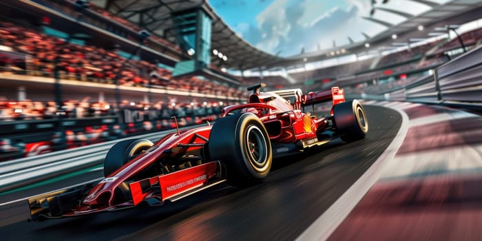 Racing car moving at high speed along racetrack with high speed and smoke. Racing car, propelled by the immense power of engine, hurtles down racetrack with incredible slicing through the air. AIG42.