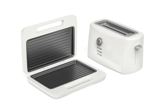 Electric toaster and sandwich maker on white background