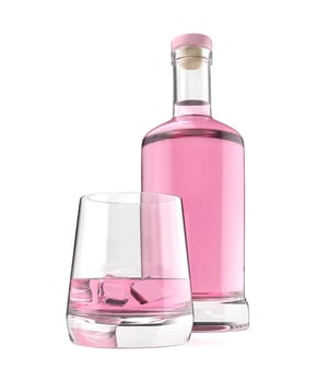 Glass bottle and a glass of pink gin or vodka on white background