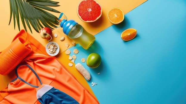 A variety of colorful fruits and vegetables are displayed on the azure table. These products are vibrant and fresh ingredients for delicious cuisine AIG50