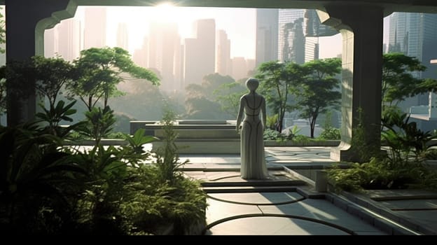 A woman standing in a lush garden on a high-rise balcony overlooking a futuristic city. AIG51A.
