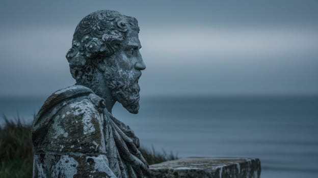 A sculpture of a woman on a rock, gazing out over the vast ocean in a serene natural landscape, with the sky and water blending seamlessly AIG50