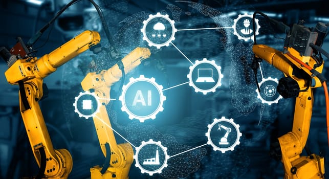 MLP Smart industry robot arms for digital factory production technology showing automation manufacturing process of the Industry 4.0 or 4th industrial revolution and IOT software to control operation.