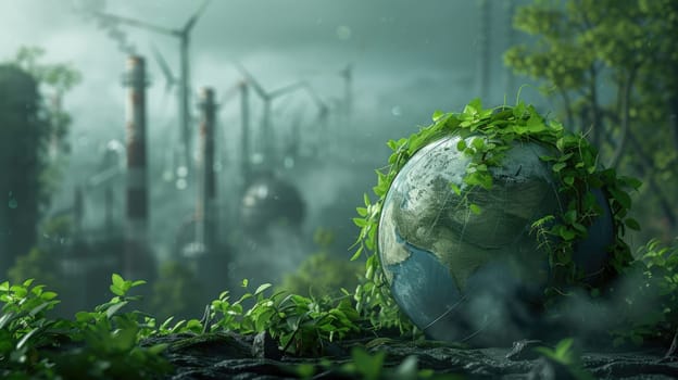 A painting depicting a terrestrial plant-filled natural landscape with a factory in the background, showcasing the harmony between industry and nature. AIG41