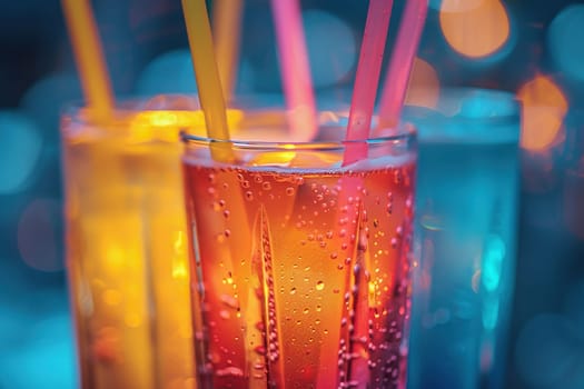 Colored plastic straws for a cocktail in a glass with liquid close-up. Party, holiday concept.