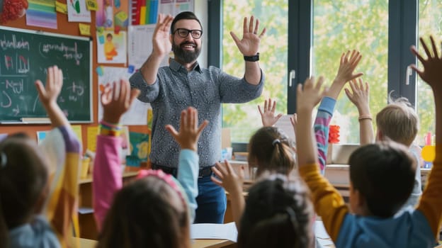 A joyful crowd of children in a classroom eagerly raise their hands, ready to share their answers, creating a lively and engaging community of learners. AIG41