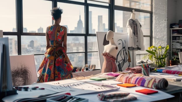 A focused fashion designer sketches new designs in a bright studio, surrounded by vibrant fabric samples and elegant mannequins. AIG41