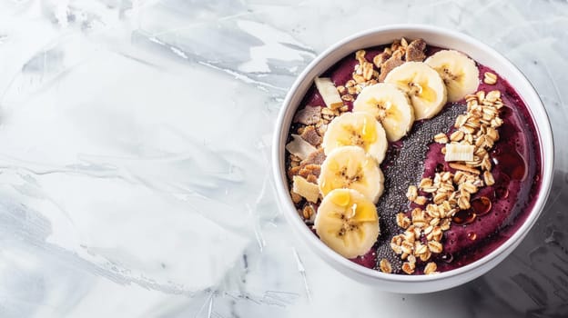 Two bowls of superfood smoothie with bananas, granola crumble, and fresh fruit on a table AIG50