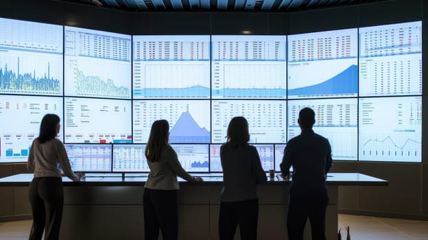 Cooperative business team discussing while talking stock market investment. Professional business people looking at monitor display financial statistic graph or chart while analyzing graph. AIG42.