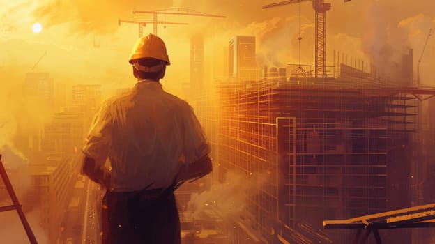 Professional smart civil engineer looking and planning building construction. Skilled foreman wearing safety helmet while standing and designing house structure with tower or modern skyscraper. AIG42.