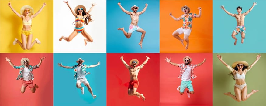 Summer people collection set, diverse people jumping on colorful background, many people funny jump wearing summer outfit fashion ready for swim and summer activity, summertime, beachwear AIG48
