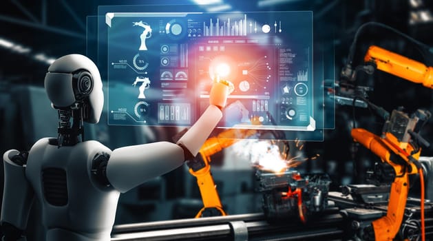 MLP Mechanized industry robot and robotic arms for assembly in factory production. Concept of artificial intelligence for industrial revolution and automation manufacturing process.