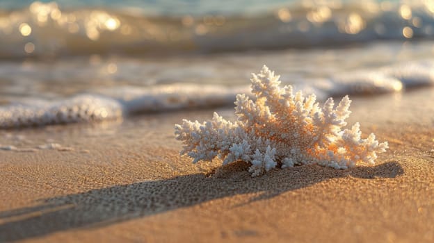 A white coral rests on a bedrock surrounded by rocks on the beach, creating a unique landscape with terrestrial animals and grass AIG50
