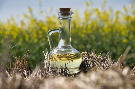 Clear glass bottle with a cork stopper and a handle, containing yellow oil positioned on a dry grass and bright field of yellow rapeseed flowers In the background