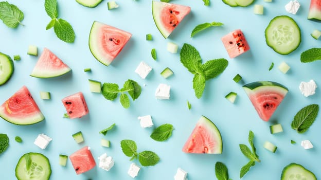 A refreshing salad featuring watermelon, cucumbers, feta cheese, and mint, served on a vibrant blue background. This dish combines fresh ingredients to create a colorful and delicious cuisine staple AIG50