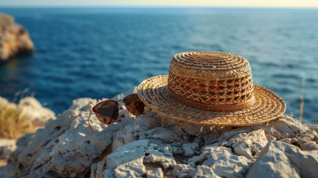 A straw hat and sunglasses rest on a rock by the ocean, offering a scenic view of the water, sky, and horizon. A perfect spot for leisure and travel AIG50